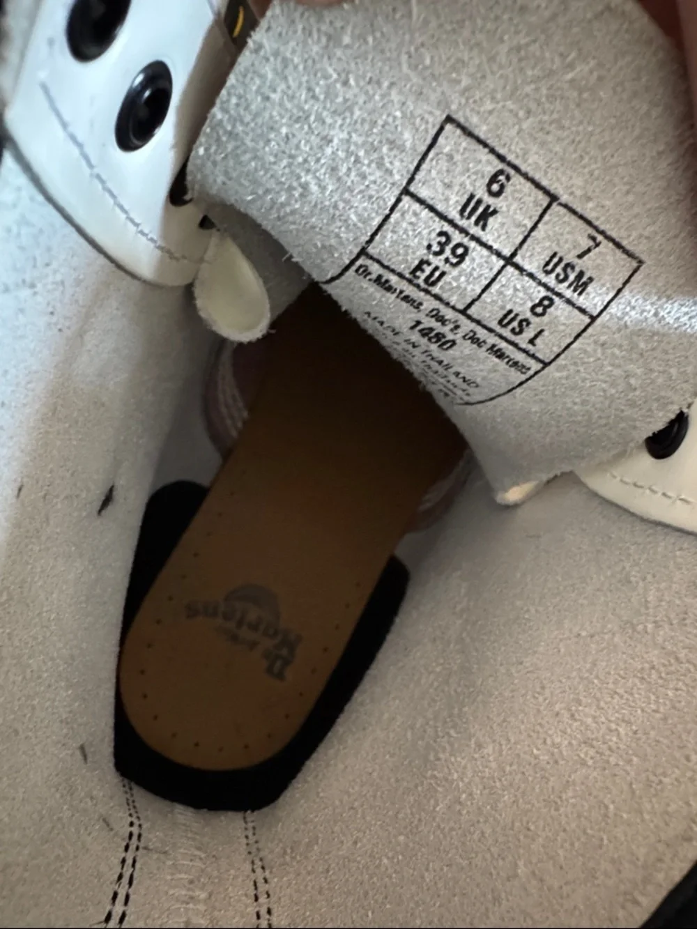 Dr. Martens White Leather 8-Eye Lace-Up Boots with Yellow Stitching - Picture 3 of 6